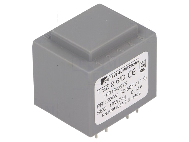 Transformator: ingegoten; 2,5VA; 230VAC; 18V; 138,9mA; PCB; IP00 Transformator: ingegoten; 2,5VA; 230VAC; 18V; 138,9mA; PCB; IP00